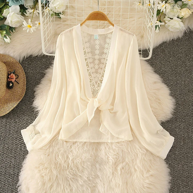 

Backless Lace Chiffon Sunscreen Shirt 2022 Summer Korean Hollow Out Long Sleeve Air-conditioned Shirt with Small Shawl New 15862