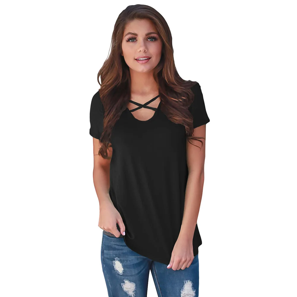 2019 летний женский перекрестный воротник ретро цветочный принт сзади футболка