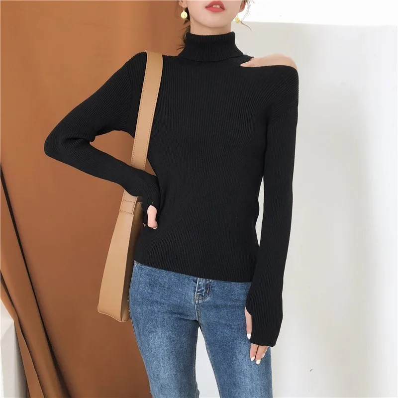 

GOOHOJIO 2020 Women Pullover Sweater Knitted Autumn Winter Turtleneck Sexy Hollow Out Off Shoulder Casual Female Jumpers