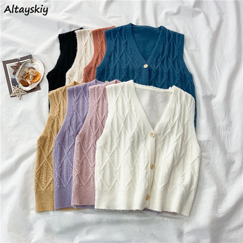 

Women Sweater Vests Solid Twist Knitting Single Breasted V-neck Gentle Elegant All-match Jumpers Simple Temperament Retro Sweet