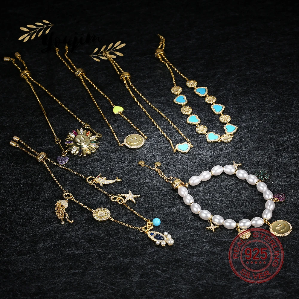 

New Cute Women Zircon 925 Silver Pearl Smiley Face Love Sun Flower Adjustable Bracelet Fashion Monaco Exquisite Jewelry Gift