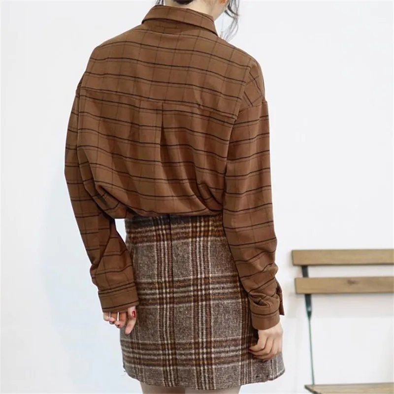 Женская клетчатая блузка с длинным рукавом Повседневная Свободная хлопковая в