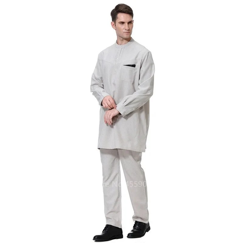 Men Jubba Thobe Muslim Dress Islamic Traditional Cloth for Male Abaya Top Pants Set Fashion Patchwork Saudi Arab Prayer Costume