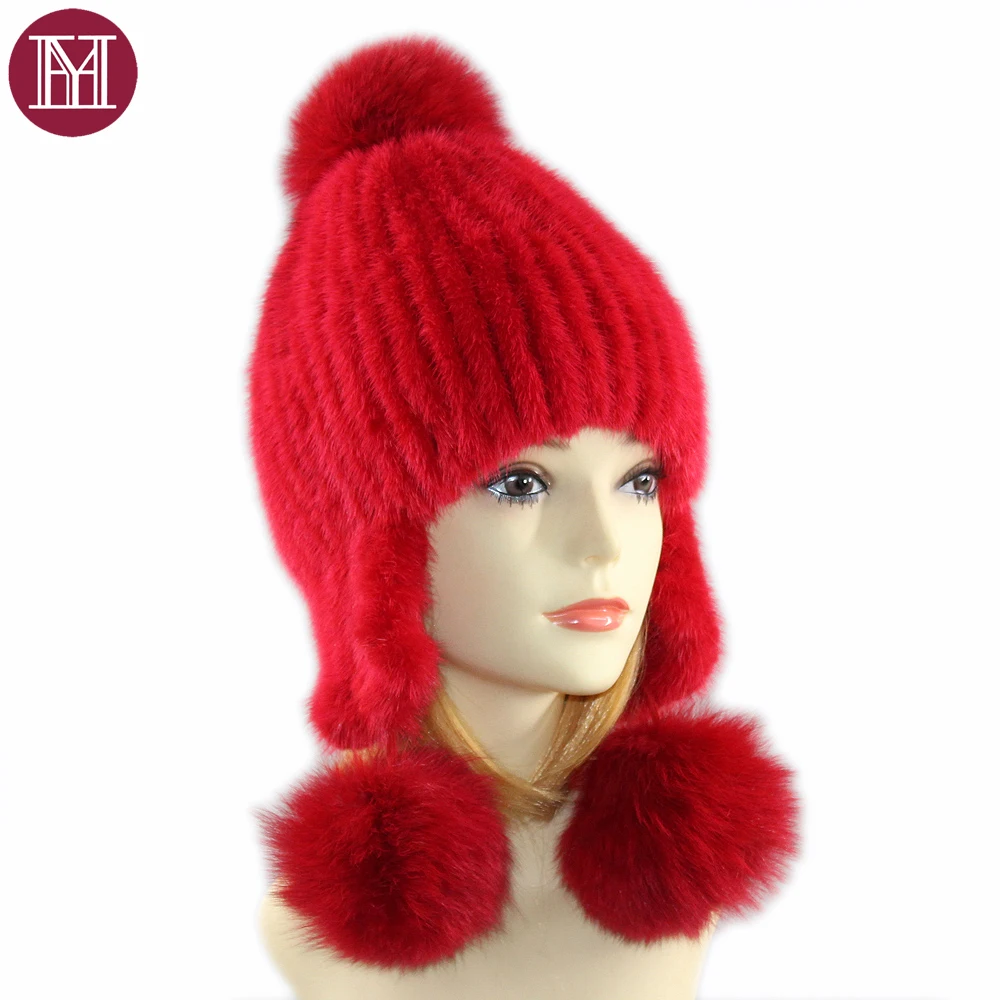 Милая женская зимняя шапка бомбер из натурального меха норки ручной работы