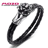 fashion new men jewelry black double layer leather bracelet stainless steel punk charm flower simple bangles