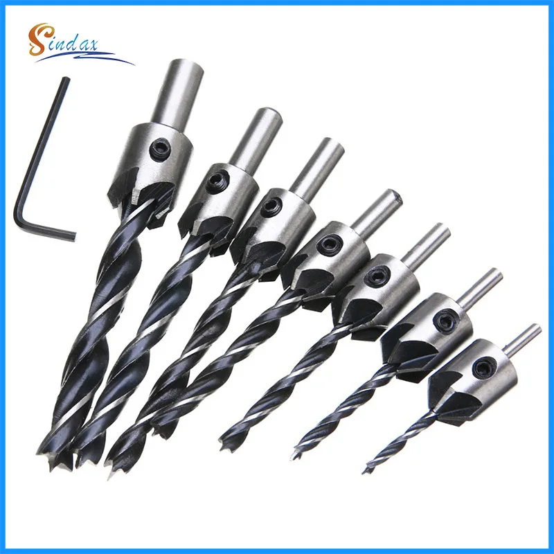 

7pcs Three-point Woodworking Countersunk Drills 3mm-10mm High-speed Steel Countersunk Drill Bit Countersunk Bit Drill Bit Set