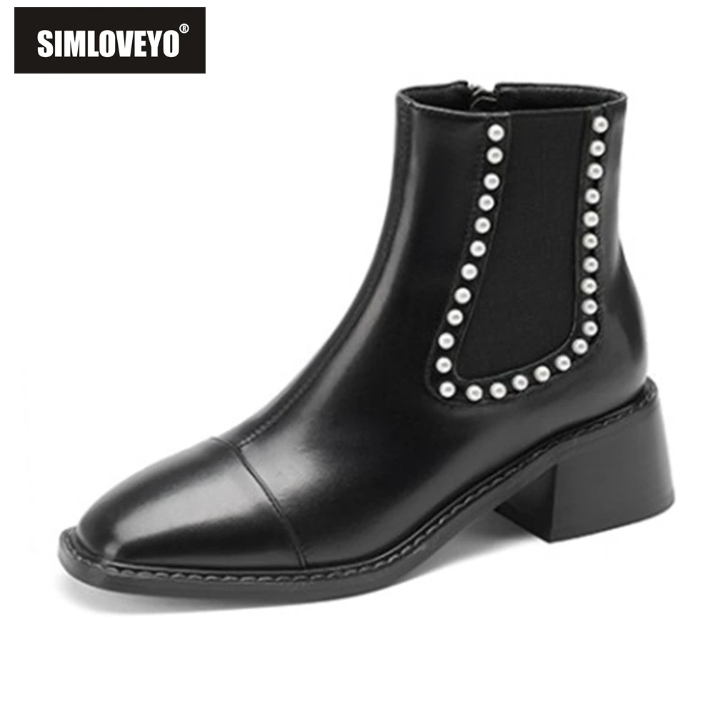 

SIMLOVEYO 2021 New Designer Brand Ankle Boots for Women Zip Beads Patchwork Mixed Color Square Low Heel Black White 31-43 S2438