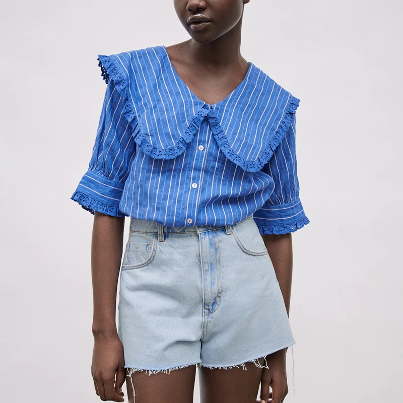 

HWLZLTZHT Women Striped Embroidery Shirt 2021 Short Puff Sleeve Openwork Summer Blouse Female Fashion Button Up Retro Blue Top