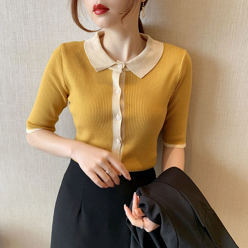 

Knitted Classic Knitwear Short-sleeve T-shirt For Women Sexy Backless Slim Outfits Female Tank Tops Fashion Cardigan Streetwears