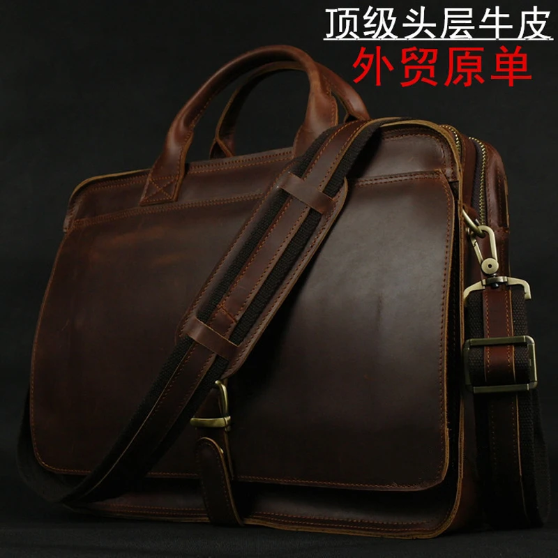 

MUNUKI Luxury Genuine Leather Men shoulder bag Leather men messenger bag male Crossbody bag tote Handbag Laptop Bag 14" Brown