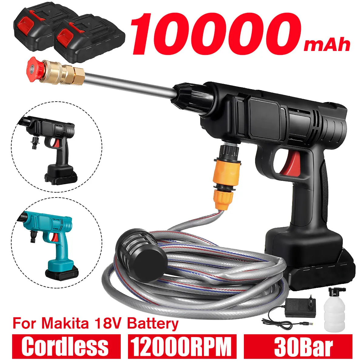 10000mAh Cordless High Pressure Washer Spray Water Gun Car Wash Pressure Water Nozzle Cleaning Machine for Makita 18V Battery