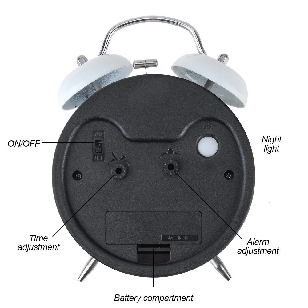 Vintage Alarm Clock Metal Twin Double Bell Number Silent Night Function | Дом и сад