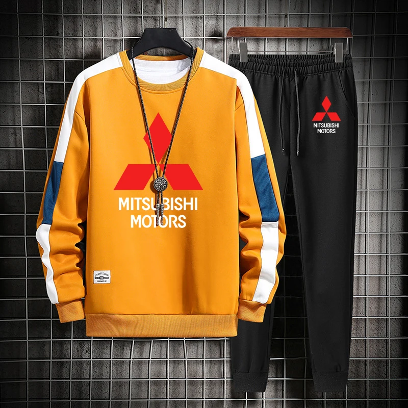 

Spring Autumn Men's suits Mitsubishi Car Logo Printing Fashion Color contrast Cotton High Quality Men's hoodie + Pants Suit 2Pcs