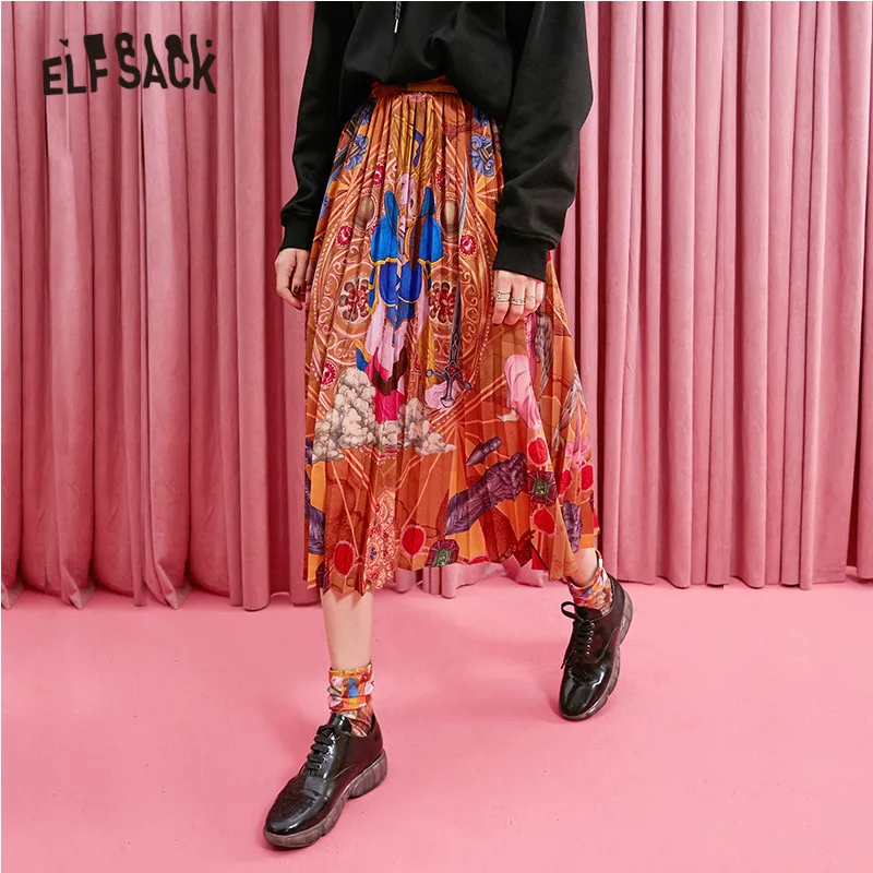 ELFSACK винтажная юбка с рисунком Женская одежда 2019 Осенняя мода корейский стиль