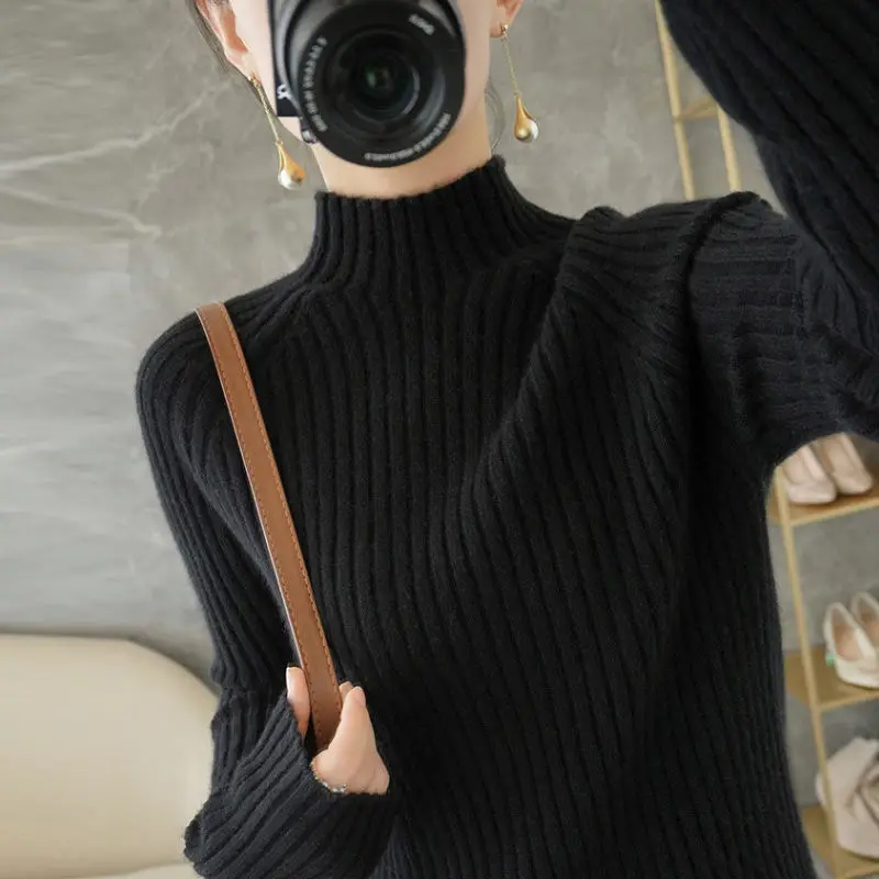 

Women 2021 Autumn Winter New Stand Collar Sweater Tops Female Pure Color Knitted Tops Ladies Loose Pullover Sweater Tops P251