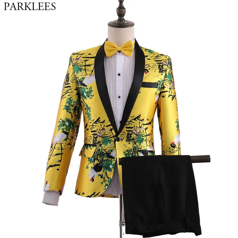 

Stylsih Bird Print Mens Suits with Pants 2021 Brand New Shawl Collar One Button Dress Suits Party Wedding Prom Terno Masculino