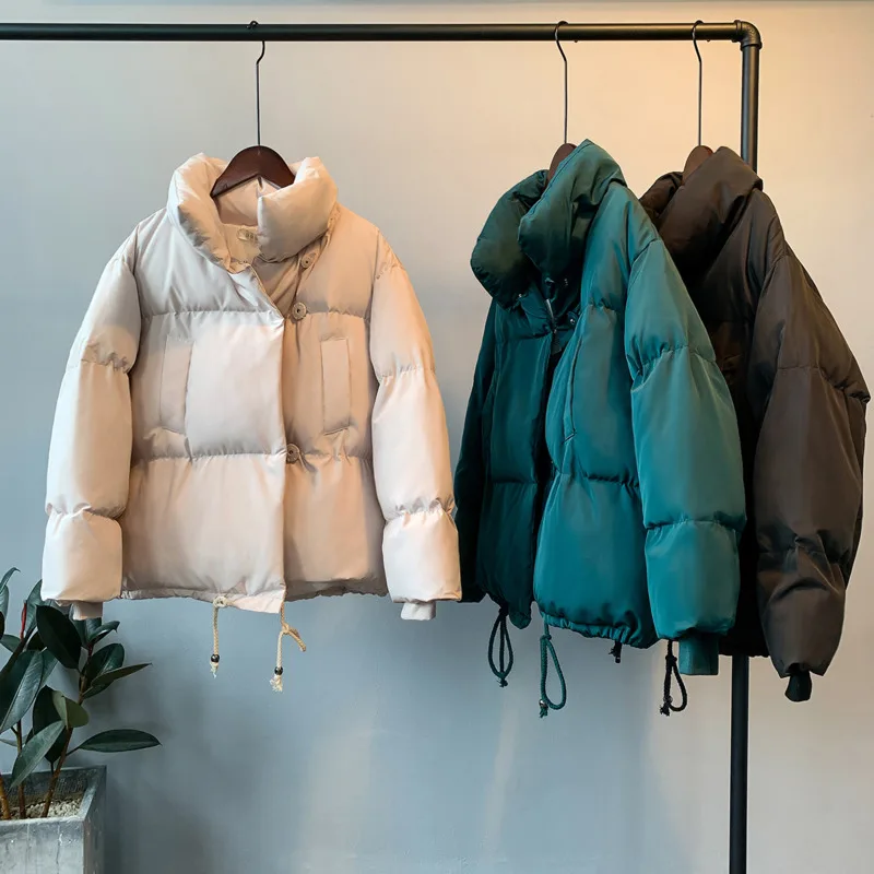 

2020 осень-зима, женские парки с воротником-стойкой, свободные короткие Пузырьковые куртки, пальто с кулиской, теплая зимняя одежда, женская о...