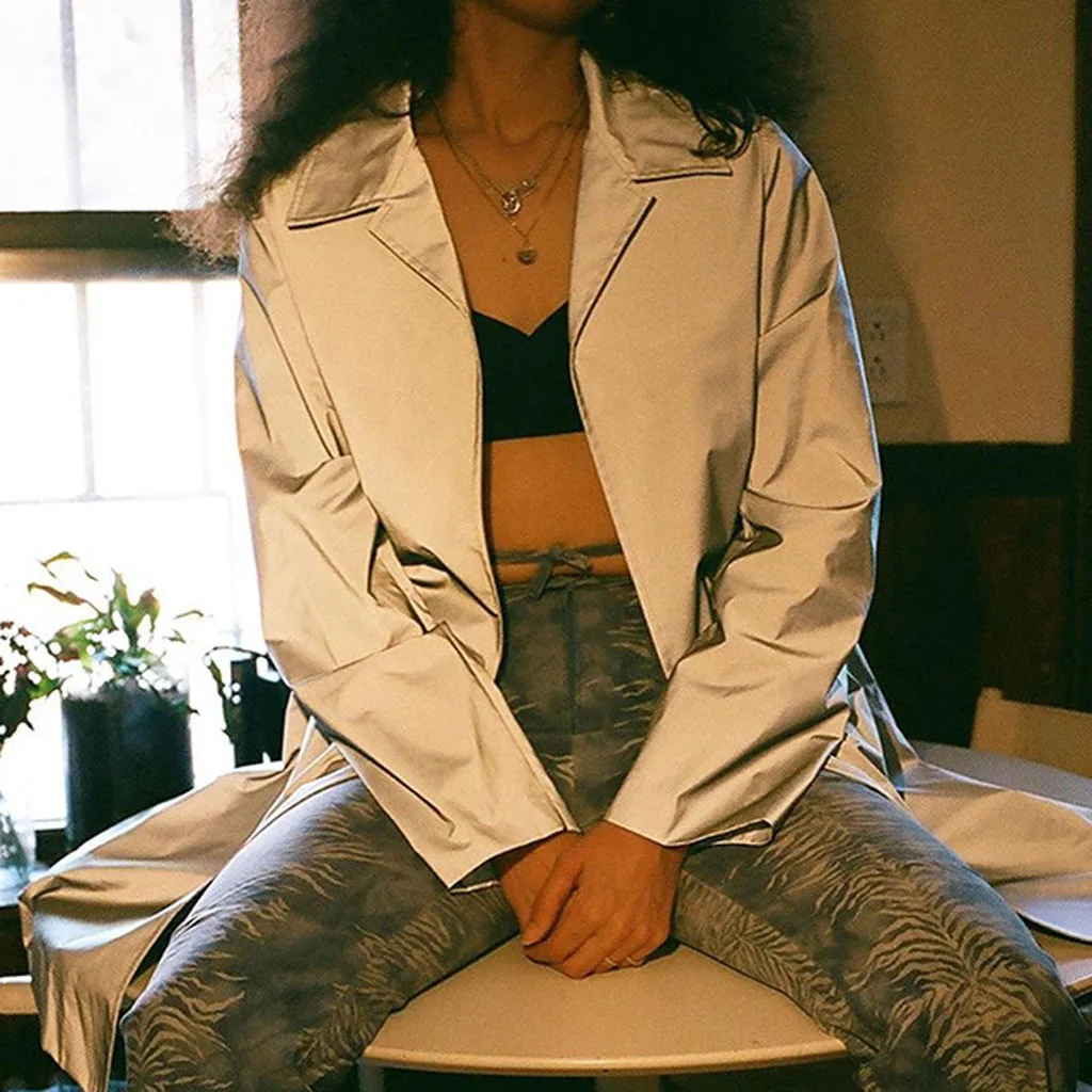 Женский свободный Тренч SAGACE однотонный светоотражающий с отложным воротником