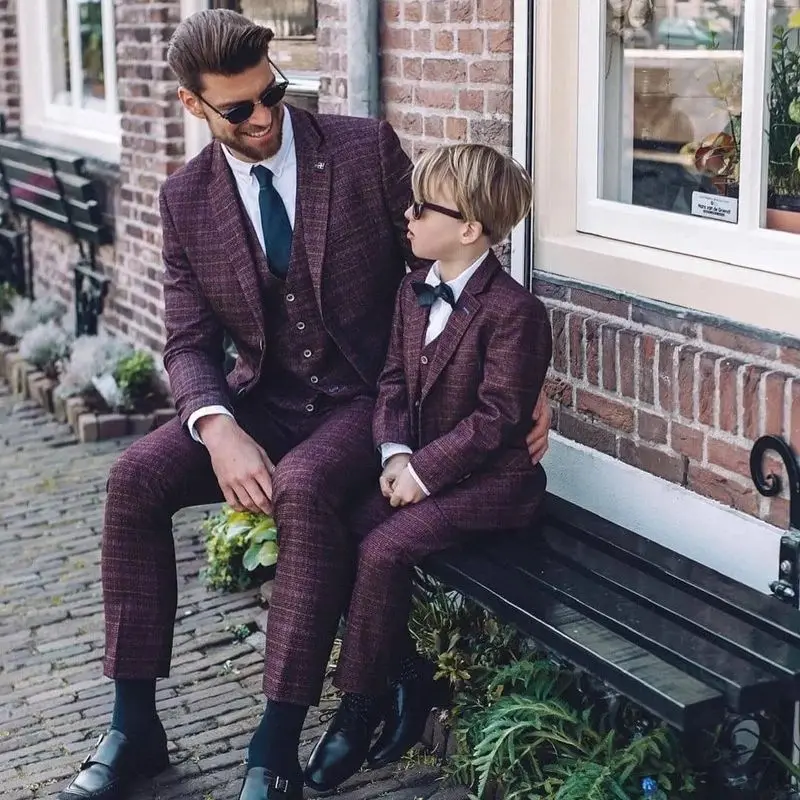 

Latest Burgundy Tweed Plaid Notched Lapel Single Breasted 3 Pcs Men Suit For Men Or Children Groom Wedding Formal Slim Fit Wear