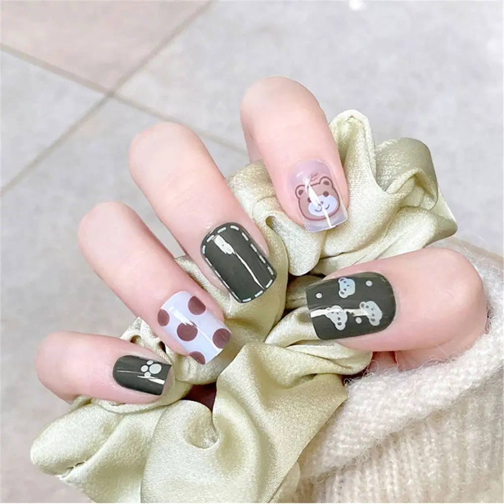 24pcs Artificial False Nails Full Cover Bear Design Wear Short Paragraph Fashion Manicure Patch Press On Fake Art Tips | Красота и