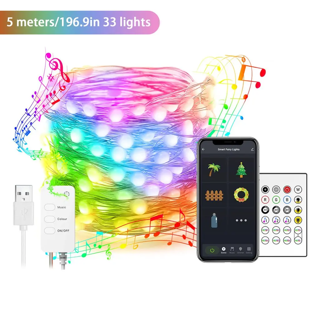 

Smart Wireless Remote Control RGB Multi-color USB Copper Wire String Lights Indoor Curtains Christmas Decoration Lights
