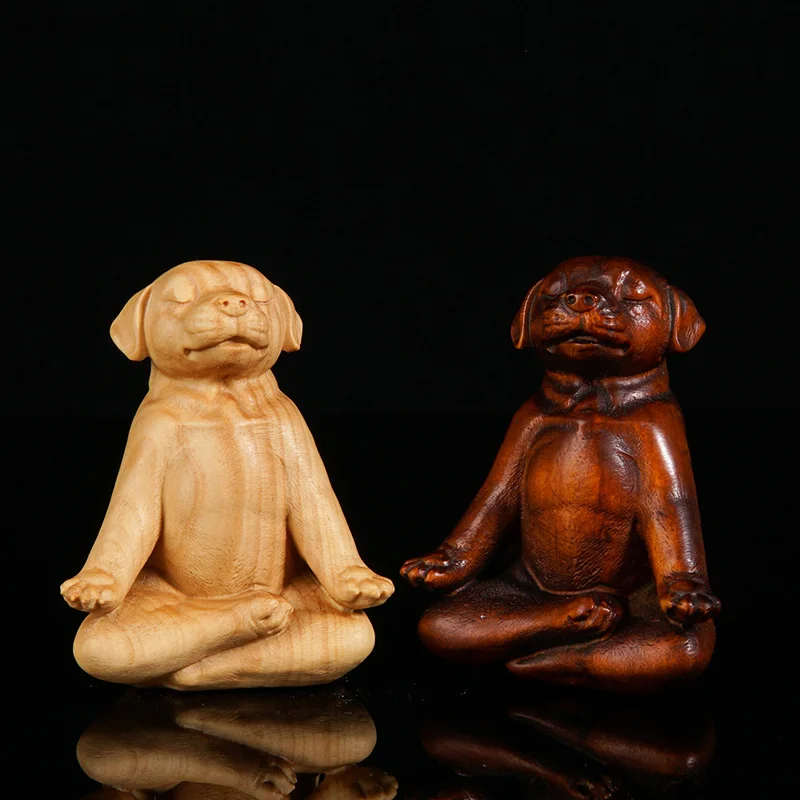 

Медитационная собака, мини-дерево, маленький подарок из твердой древесины, коллекционная игрушка, резьба по дереву, ретро, два цвета