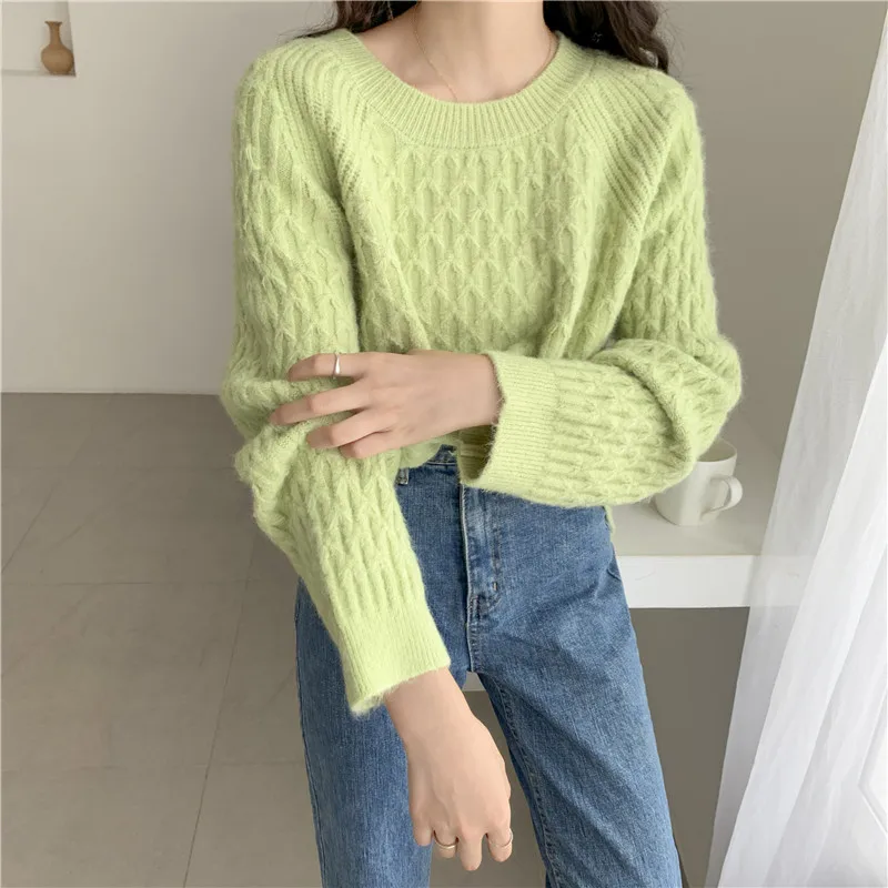 Женский винтажный свитер с круглым вырезом Lamtrip Свободный теплый вязаный джемпер