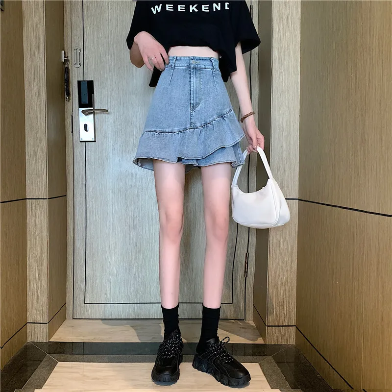 

Fashion Ruffles Irregular Pleated Mermaid Denim Skirt Women's 2021 Summer High Waist Slim A-line Jean Mini Skirt Streetwear