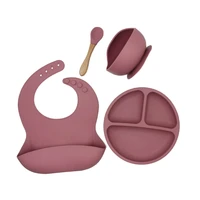 4pcsset bpa free baby silicone tableware waterproof bib solid color dinner plate sucker bowl and spoon for children
