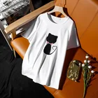 Летние новые модные черные свободные женские топы в корейском стиле, уличный досуг, футболка с короткими рукавами и принтом кошки, женская