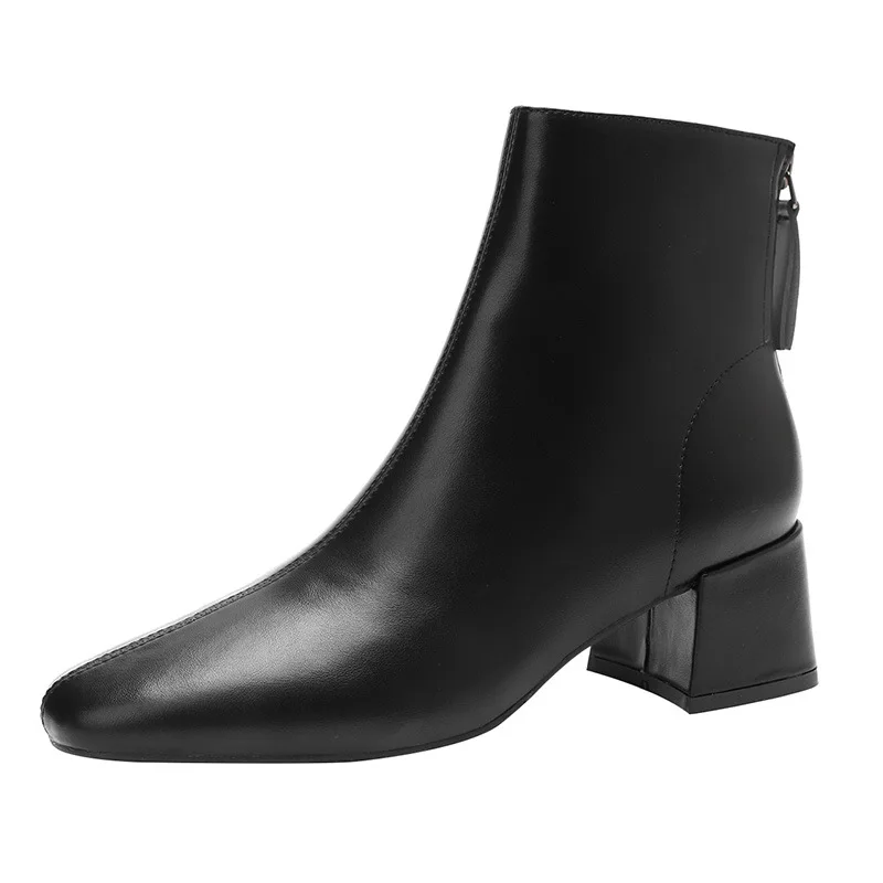 

Simple Style Cow Leather Boots Square Toe High Heels Young Lady Daily Wear Winter Back Zip Ankle Boots Solid Color