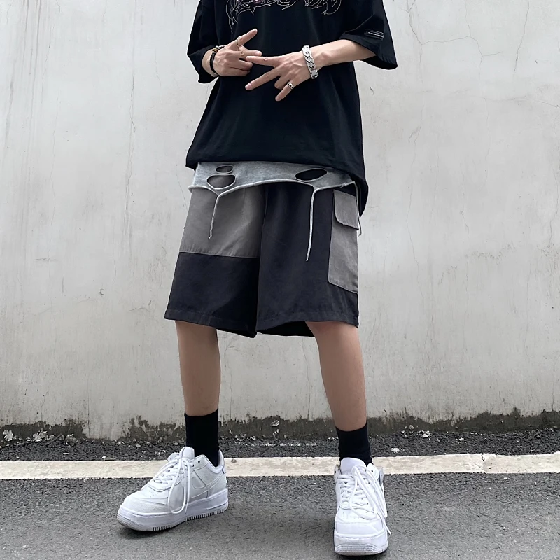 

Streetwear Harajuku Stitching Black And Gray Overalls Female Summer Tide Ins Retro Casual Couple Loose Five-Point Shorts 2021