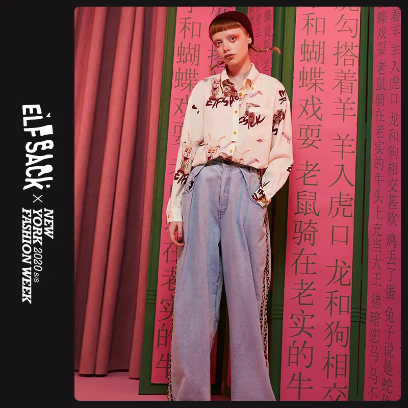 ELFSACK оригинальный дизайн с принтом козла винтажная блузка рубашка осень 2019