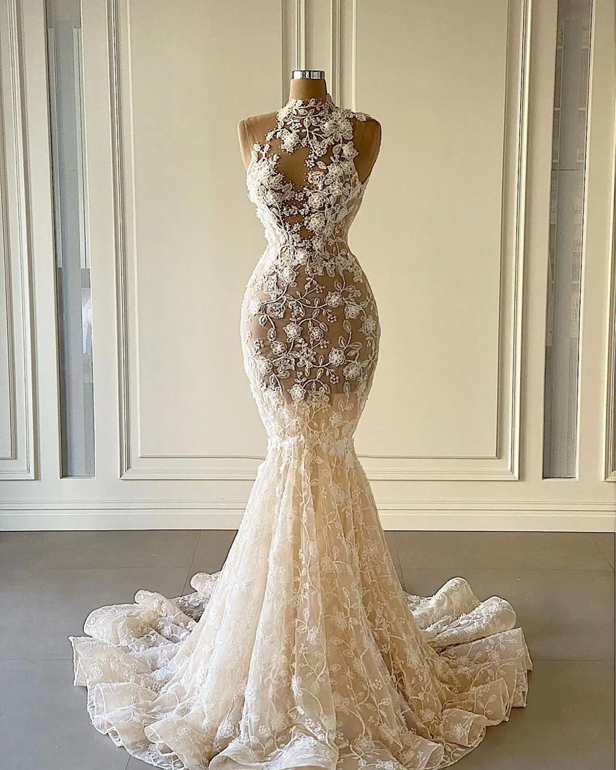 Robe De Mariee 2021Mermaid Wedding Dresses With High Neckline 3D Flowers Bridal Dresses Mariage Bride Dresses