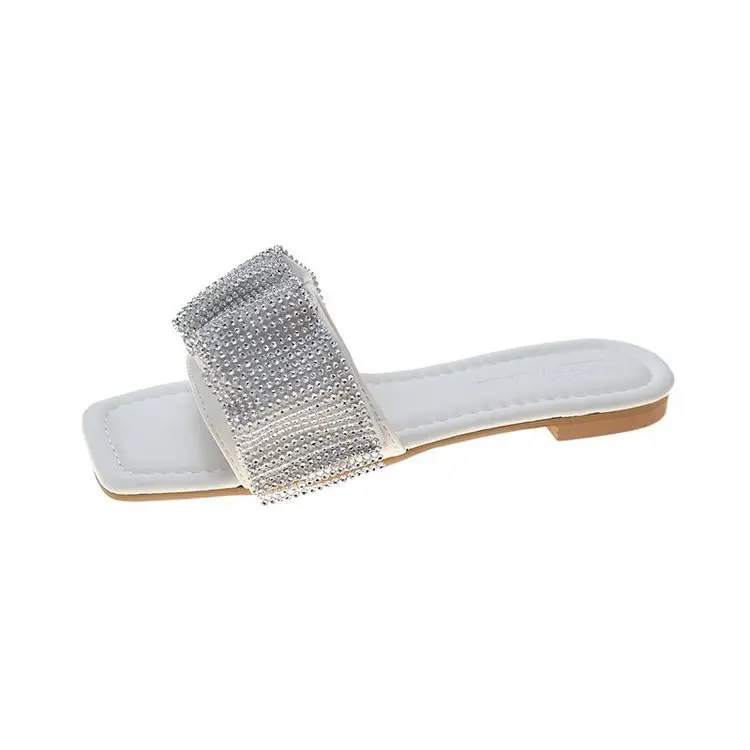 

Glitter Slides Flat Shoes Female Slippers Casual Slipers Women Square Toe Low Lady Jelly Luxury 2021 Summer Girl Beach Basic PU