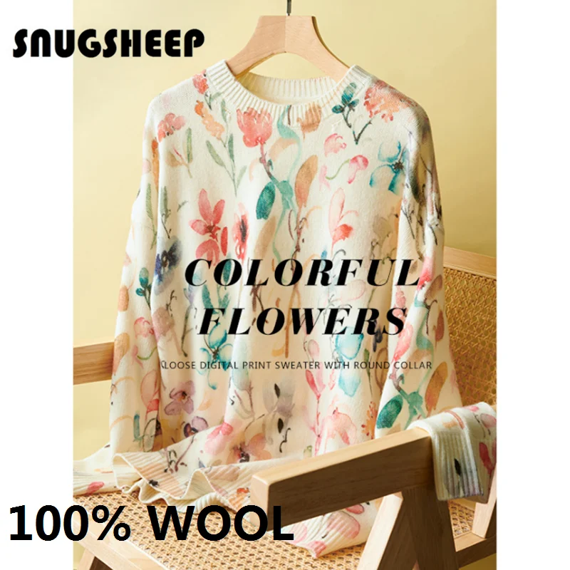 

flower 100% wool designer clothes graphic girl sweater white long sleeve top korean streetwear ladies tops women clothing loose