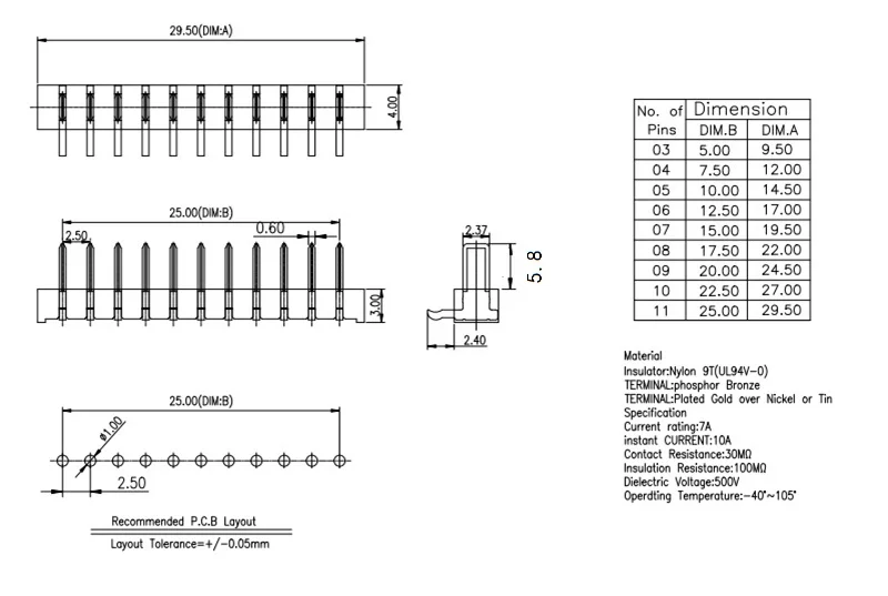 10 Pairs Pitch 2.5 mm 4 Positions Female Blade Receptacle 5.8 Male Header Battery Connector Right Angle Through Holes 7A /pin |
