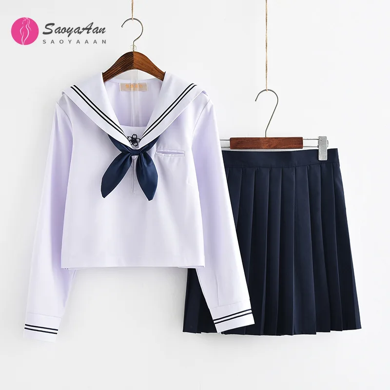 

New School Uniforms For Girl White Blouse Navy Pleated Skirt Sakura Embroidered Student Suit Long Sleeve Japanese Jk Sailor suit