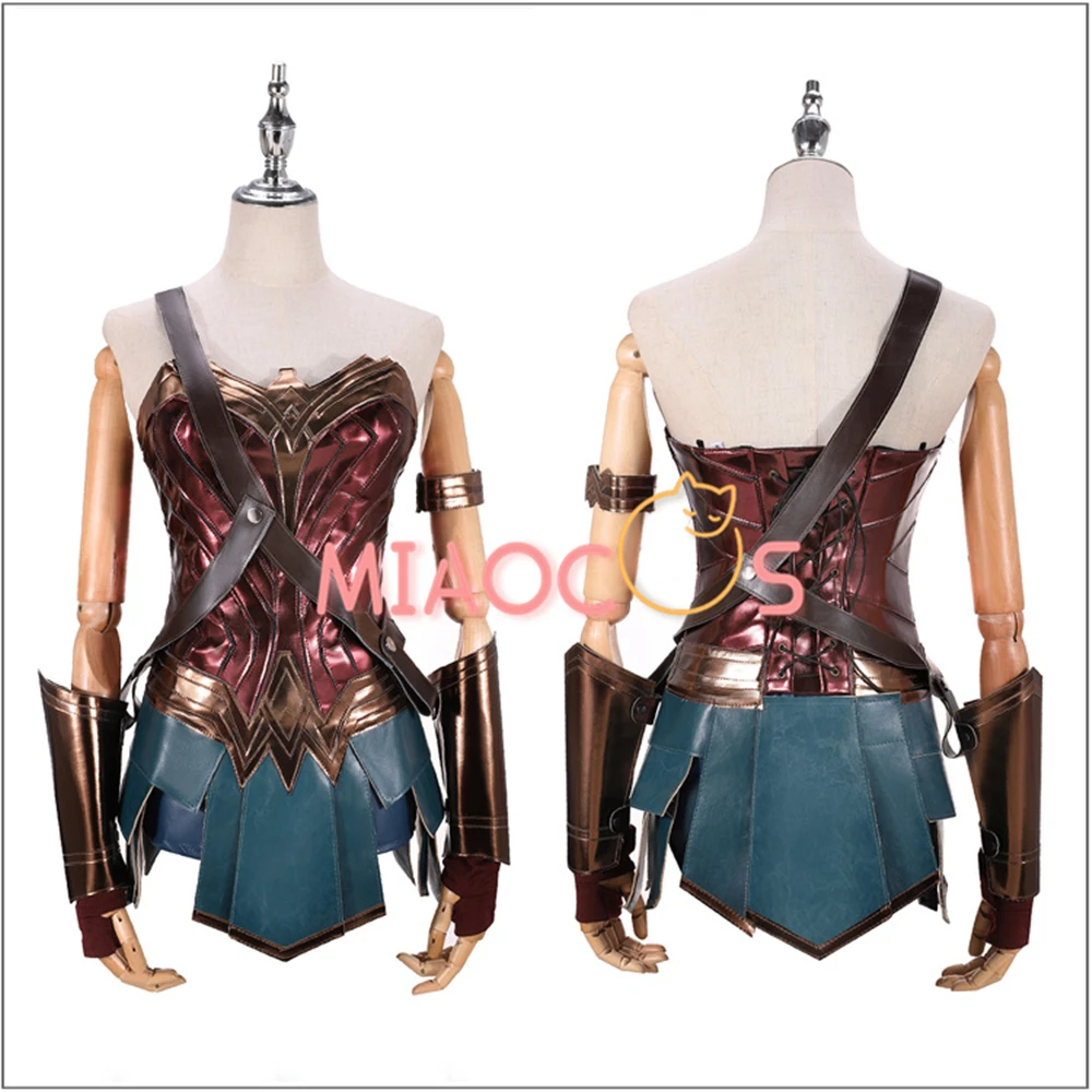

Anime Wonder Cos Woman Dress Diana Cosplay Costume Adult Brown Top Faux Leather Corset Shorts +Girl Wig Accessories Halloween