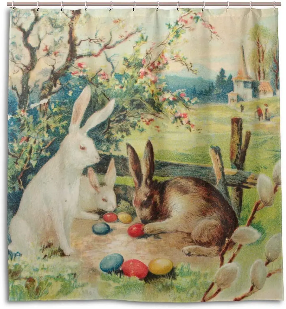 

Easter Eggs Hares Bunny Art Waterproof Polyester Fabric Bathroom Shower Curtain Set with Hooks