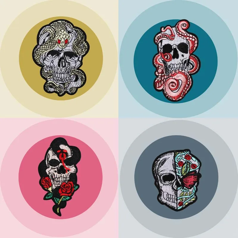 1 PCS Punk Series Rose Flower Embroidery Patches Iron T-Shirt Jackets Coats Sew on Fabric Clothes Skeleton Skull Appliques | Дом и сад