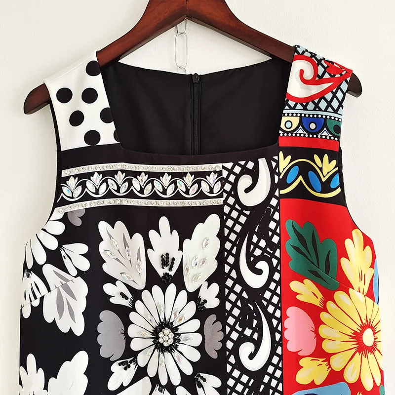 

High Quality New Retro Flower Print Heavy Industry Beaded A-line Skirt Was Thin High-end Western Style Dress