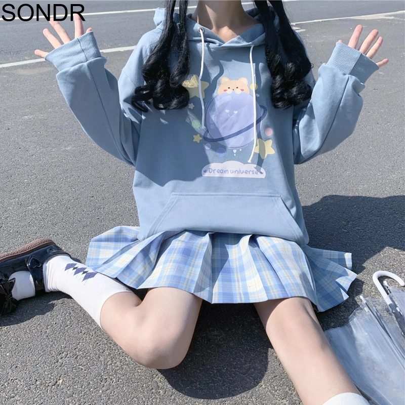 

Милые толстовки с мультяшным принтом для женщин на осень и зиму, универсальный черный пуловер для студенток, топы, японская кавайная летняя ...