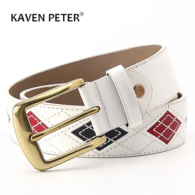 Male Leather White Belt Fashion Cowskin Embroidered Patchwork Strap Antique Brass Buckle Belts For Men Trouser Waistband