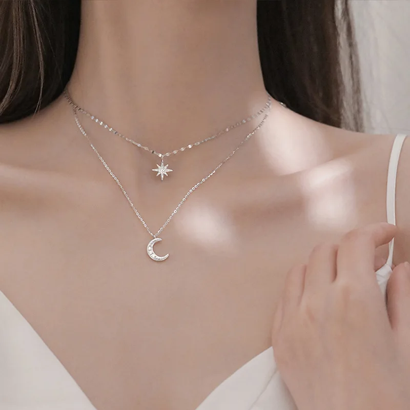 

Korean Silver Plated Shiny Star Moon Necklace Ladies Exquisite Double Layer Clavicle Chain Necklace Wedding Party Jewelry Gifts