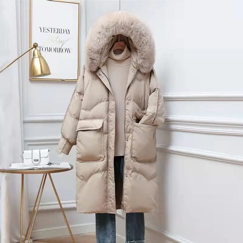 

Fitaylor Winter Large Natural Fox Fur Collar Hooded Down Long Jacket Women White Duck Coat Windbreak Sleeve Warm Outwear