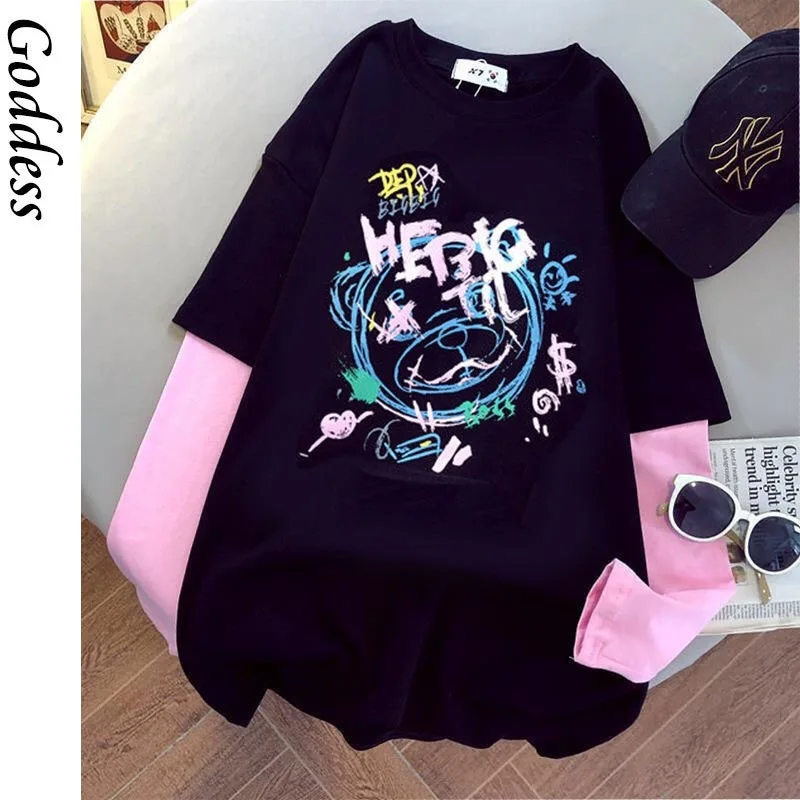 

Women Clothes Harajuku High Street Shirt Cotton Black Loose T shirt Girl Harajuku Hip Hop Cool Tshirt Female Casual Long Sleeve