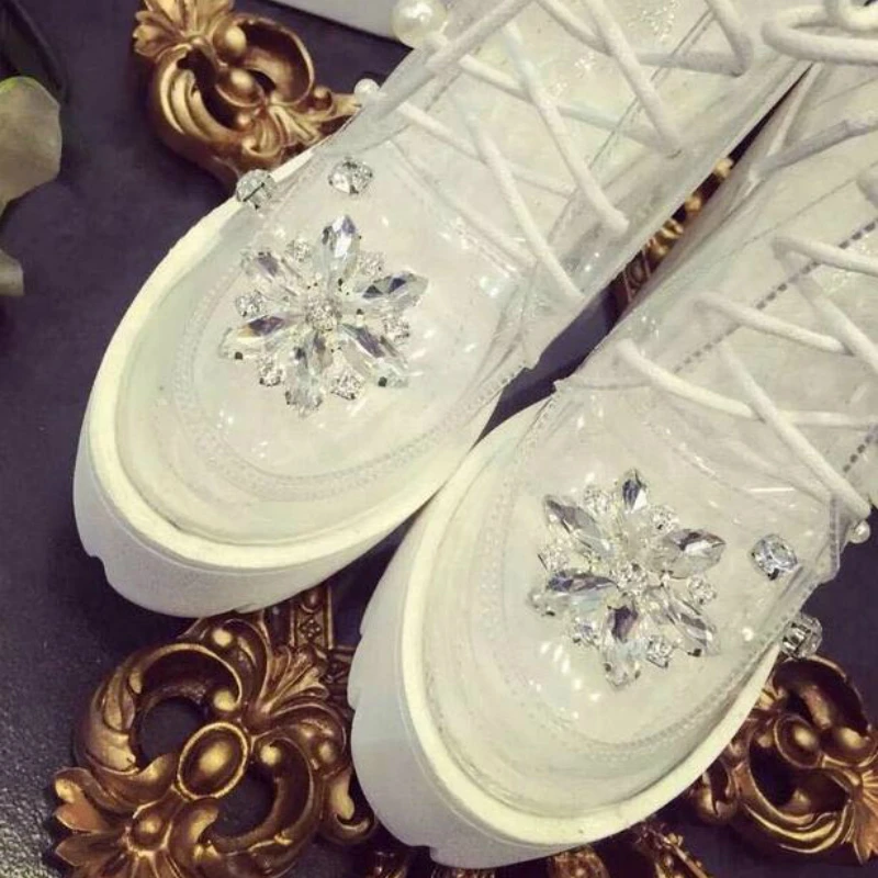 Ботинки женские на шнуровке прозрачные из ПВХ высокой платформе | Обувь