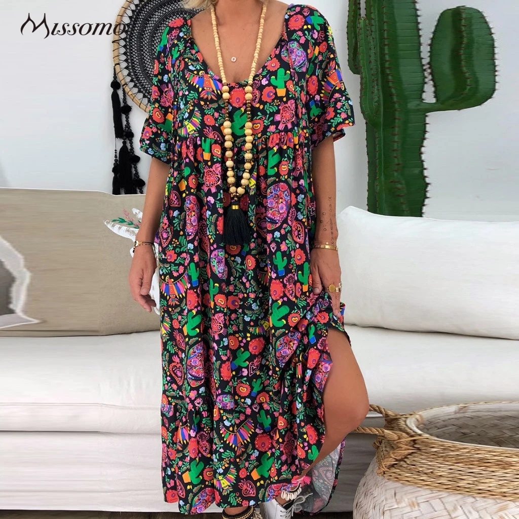 MISSOMO 5XL платья лета женщин Сыпучие Boho платье богемной печати с коротким рукавом