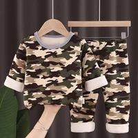 2020 new boys girls autumn winter cartoon pattern thermal plus cashmere underwear pajamas suit baby home service suit 0 6y